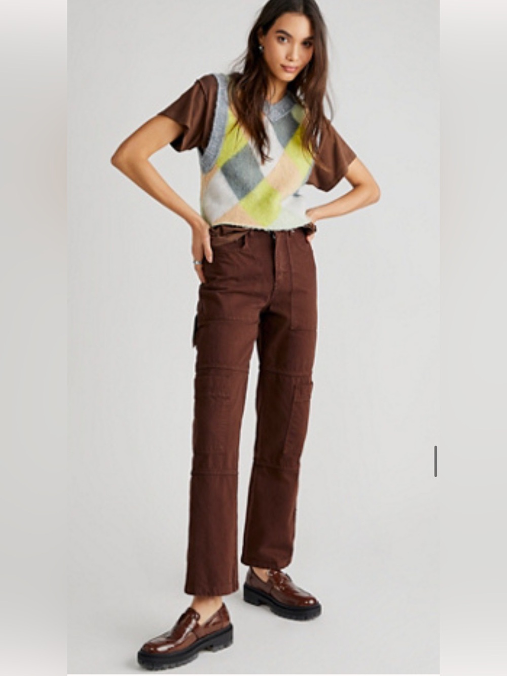 The Ragged Priest Brown Chocolate Combat Dad Jeans Cargo Denim Free People EUC
